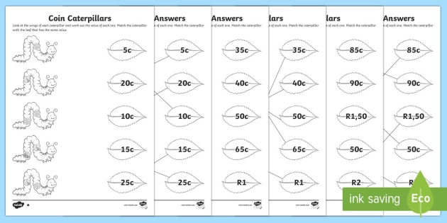 free coin caterpillars match up differentiated worksheet worksheet