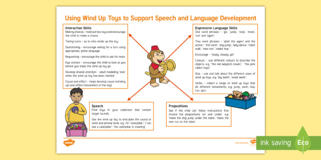 Using Wind Up Toys To Support Speech And Language Development Adult Guidance Language development indicators reflect a child's ability to understand increasingly complex language (receptive language skills), a child's increasing proficiency when expressing ideas (expressive. language development adult guidance
