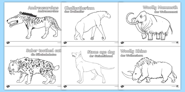 Stone Age Animals Colouring Pages English/German