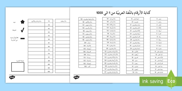 ورقة عمل كتابة الأرقام باللّغة العربيّة