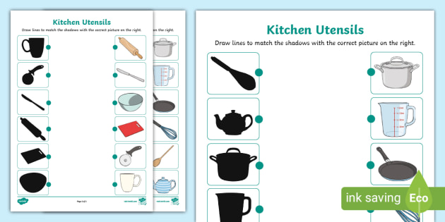Kitchen Utensils Shadow Matching Worksheet (Teacher-Made)