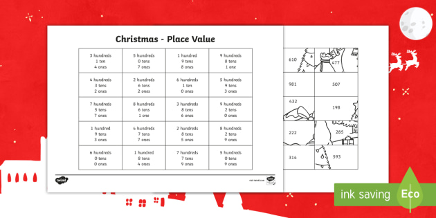 christmas themed 3 digit place value coloring assessment sheet