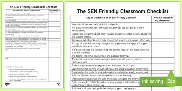 SEN-Friendly Classroom Checklist - SEN, checklist, teacher 