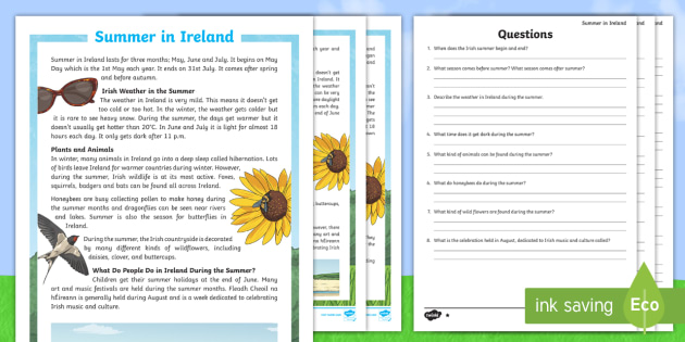 summer in ireland english comprehension reading activity