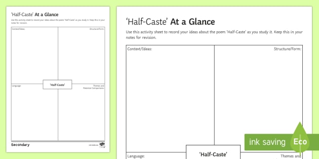 Half Caste Poem >> Gcse Half Caste By John Agard At A Glance Worksheet Half Caste Poem >> Gcse Half Caste By John Agard At A Glance Worksheet