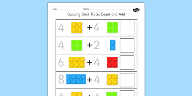 building brick trace count and add worksheet teacher made