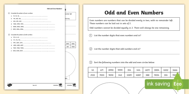 Odd/Even Number Pattern Activity Sheet 3rd/4th Class Algebra
