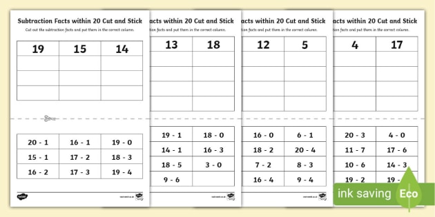 Subtraction Facts within 20 Cut and Stick Activity