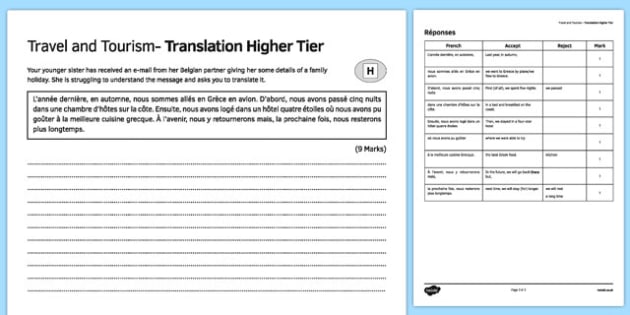 travel and tourism translation higher tier worksheet worksheet french