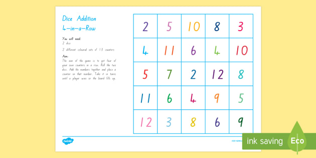 Four In A Row Dice Addition Game