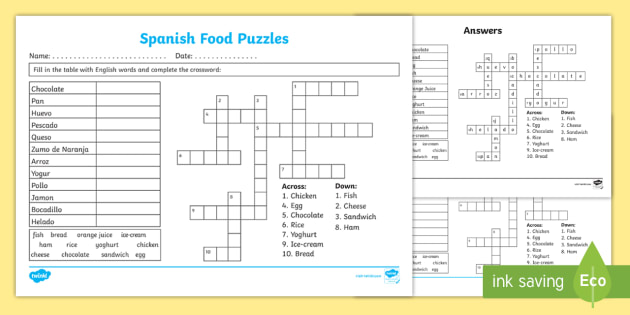 Spanish Food Fill In and Crossword Worksheet - Twinkl