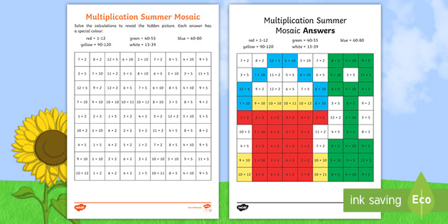 summer themed multiplication mosaic worksheet teacher made