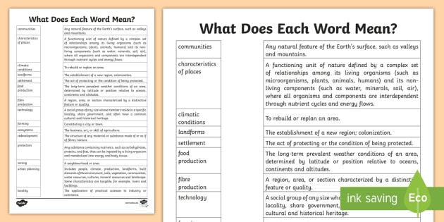 Vocabulary Match Up Activity Year 5 Geography