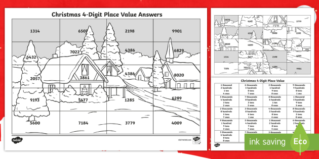 christmas themed 4 digit place value coloring assessment sheet
