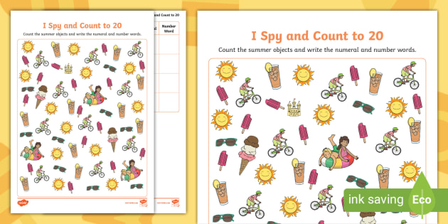 Summer-Themed I Spy and Count to 20 Worksheet