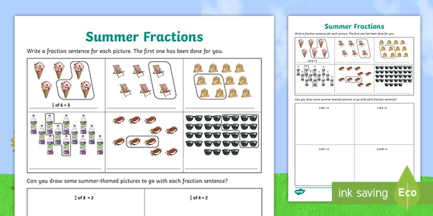 summer themed fractions of amounts worksheets age 7 11