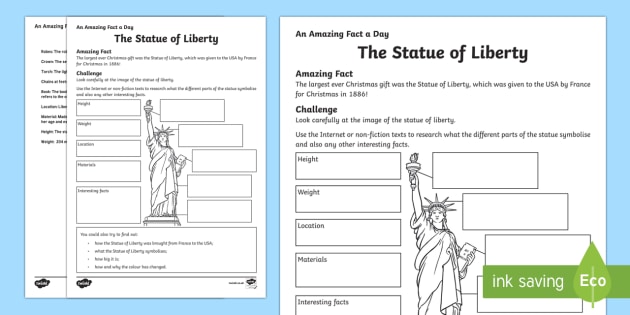 Statue Of Liberty Facts For Kids And Worksheet
