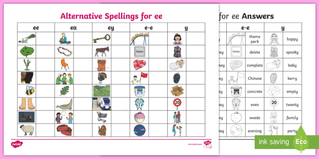 Alternative Spellings Ee Ea Ey E e And Y Table Worksheet