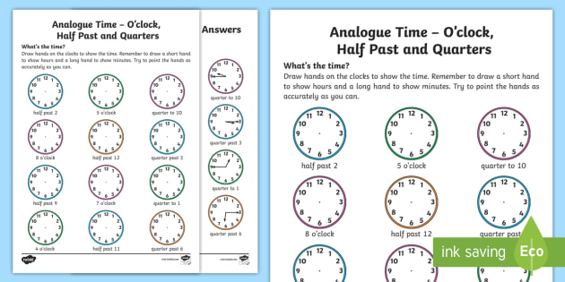 analogue time o clock half past and quarters worksheet worksheet