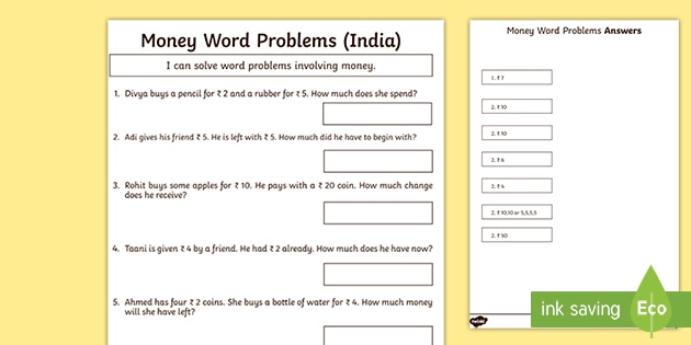 word problem with indian money worksheet teacher made