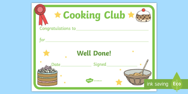Cooking Club Certificate - cookery, home economics, d&T, baking