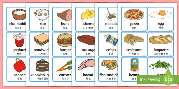 Food Word and Picture Cards English/Mandarin Chinese - Food Word