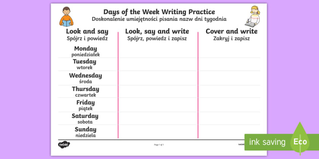 days of the week english polish writing worksheet