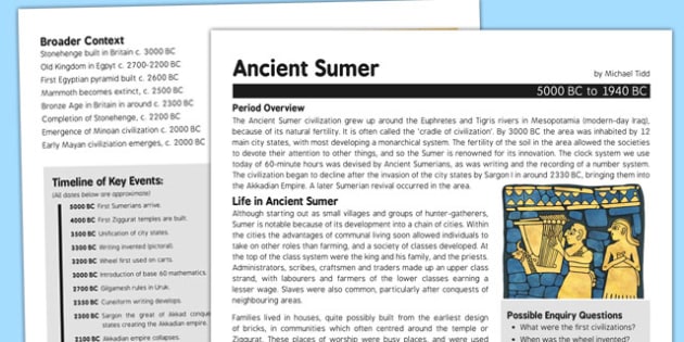 Free Ancient Sumer History Fact Sheet For Adults