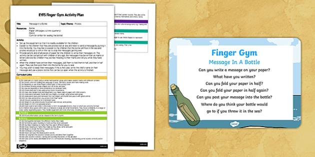 eyfs message in a bottle finger gym plan and prompt card pack