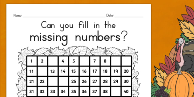 Thanksgiving Missing Numbers Number Square USA Thanksgiving Math Worksheet