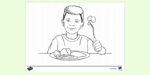 Child Eating with a Knife and Fork Colouring Sheet | Twinkl