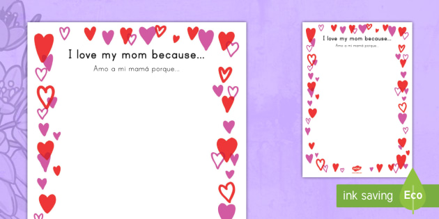 Mothers Day I Love My Mom Because Full Page Borders English Spanish