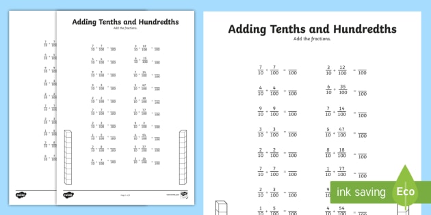 Adding Tenths and Hundredths Fractions Activity - Twinkl