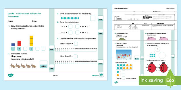 grade 1 addition and subtraction assessment teacher made