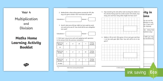 year 4 maths multiplying dividing home learning booklet