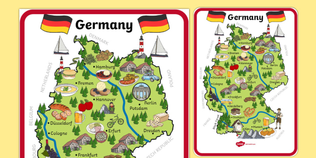 Illustrated Map Of Germany With Cities Display Poster