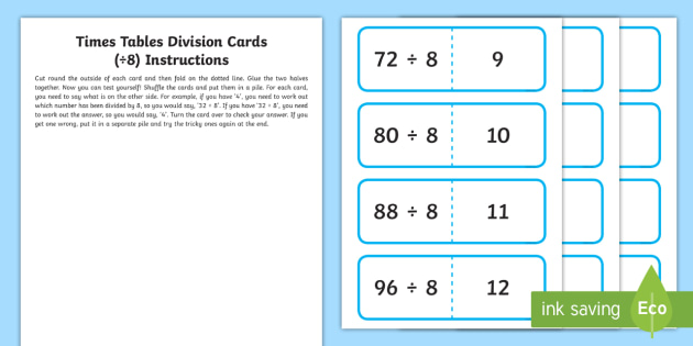 8 Times Table Division Cards Teacher Made