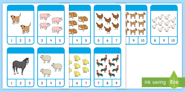 Farm Animal Counting to 10 Clip Cards (teacher made)