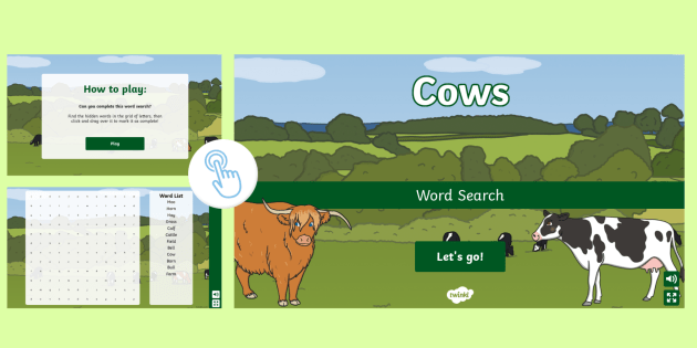 Cow themed Interactive Word Search (teacher made)