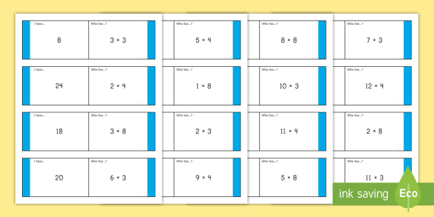 Mixed 3 4 And 8 Times Tables I Have Who Has Game Arrays