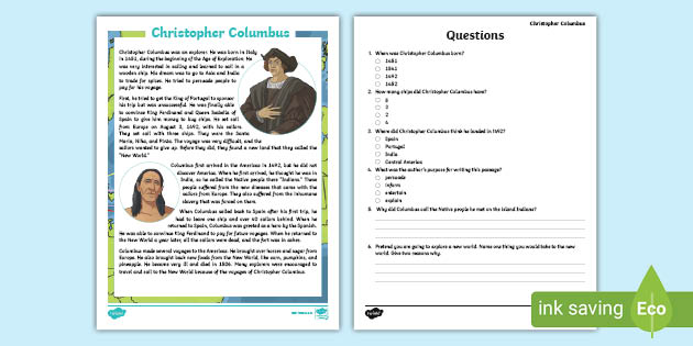 fourth christopher columbus reading comprehension activity