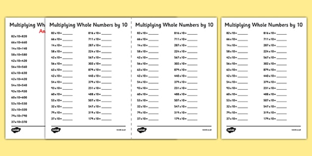 multiplying whole numbers by 10 a5 worksheet worksheet