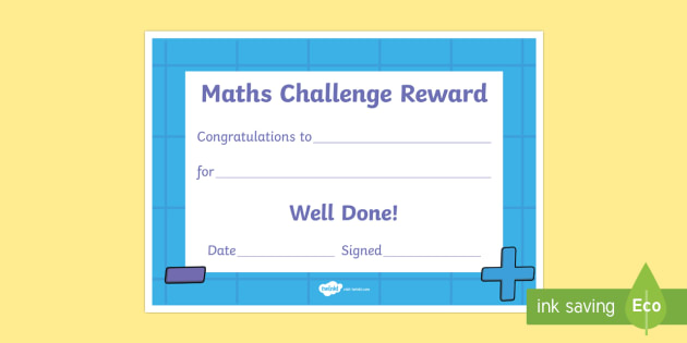 Maths Challenge Reward Certificate