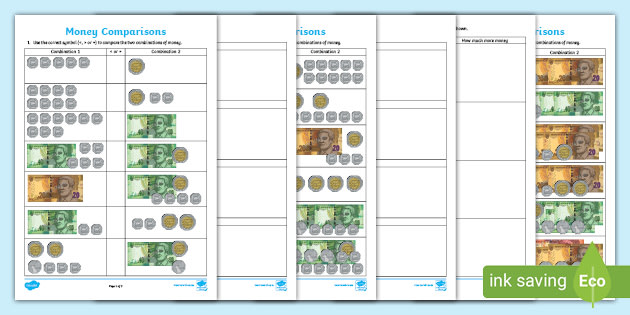 sa money comparison using coins and notes differentiated worksheets