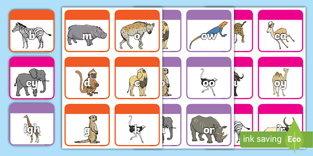 Phase 2, 3 and 5 Phonemes on Safari Animals Flashcards