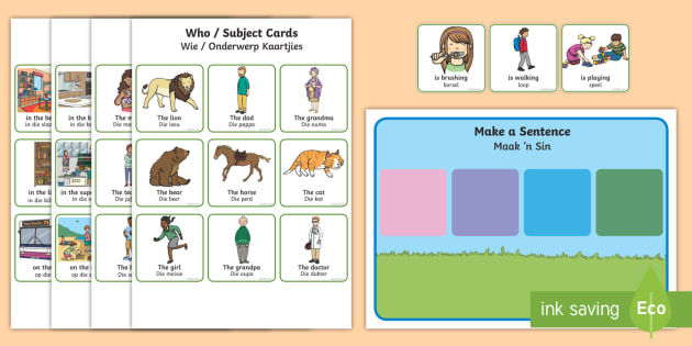 Make a Sentence: Who, What, When, Where? Cards English/Afrikaans