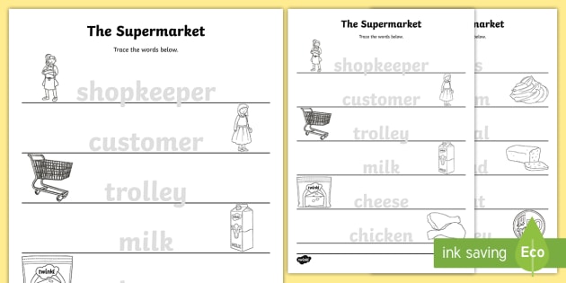 the supermarket aistear trace the words worksheet