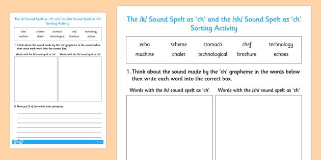 Words With k Sound Spelt ch With sh Sound Spelt ch Sort Activity