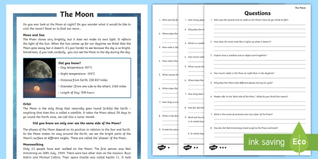 Year 5 The Moon Reading Comprehension Activity - eclipse, waxing, waning