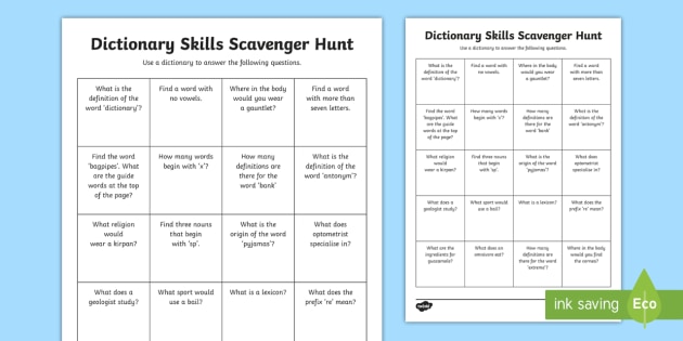 Dictionary Skills Scavenger Hunt Worksheet Teacher Made